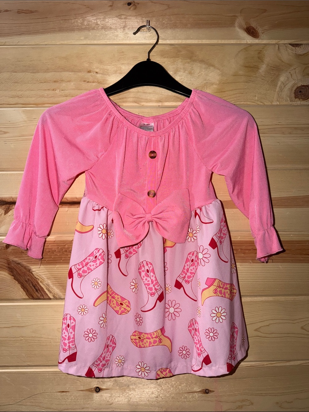 Pink Long-Sleeve Dress with Bow & Boot Print